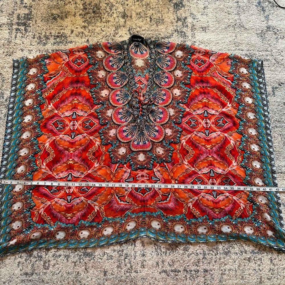 Charlie Paige | Multicolor Boho Embellished Tie Dye Poncho Swim Cover Up Kimono - Picture 8 of 9
